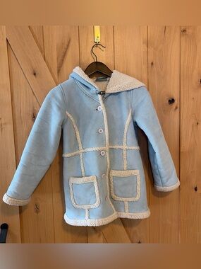 LL Bean Girls M 10-12 FAUX Suede Shearling Sherpa Lined Blue Long Coat Hood